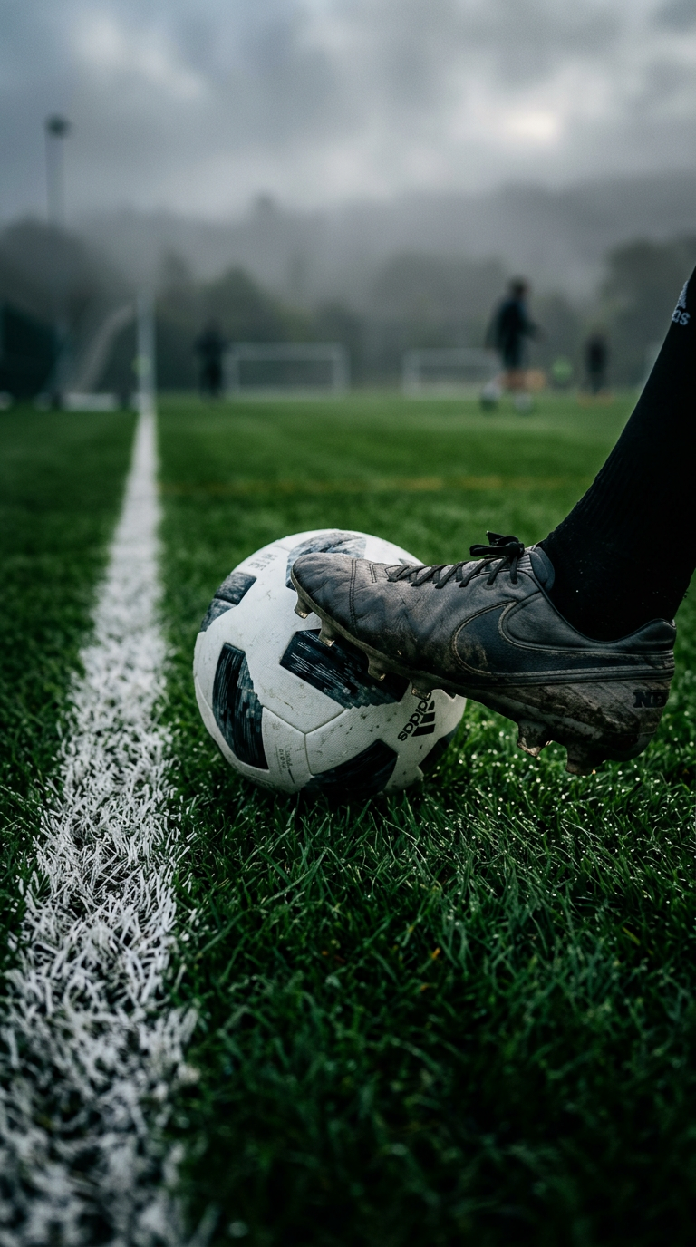 A football boot touching the ball on a grass pitch
